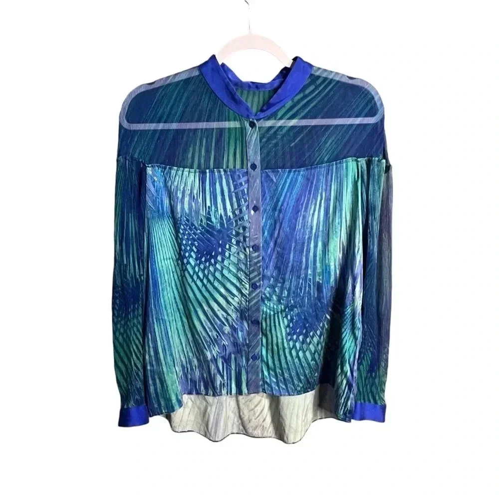 Elie Tahari BRIGHT TROPICAL Printed Silk Blouse MED Button-Down Blouse H…‎